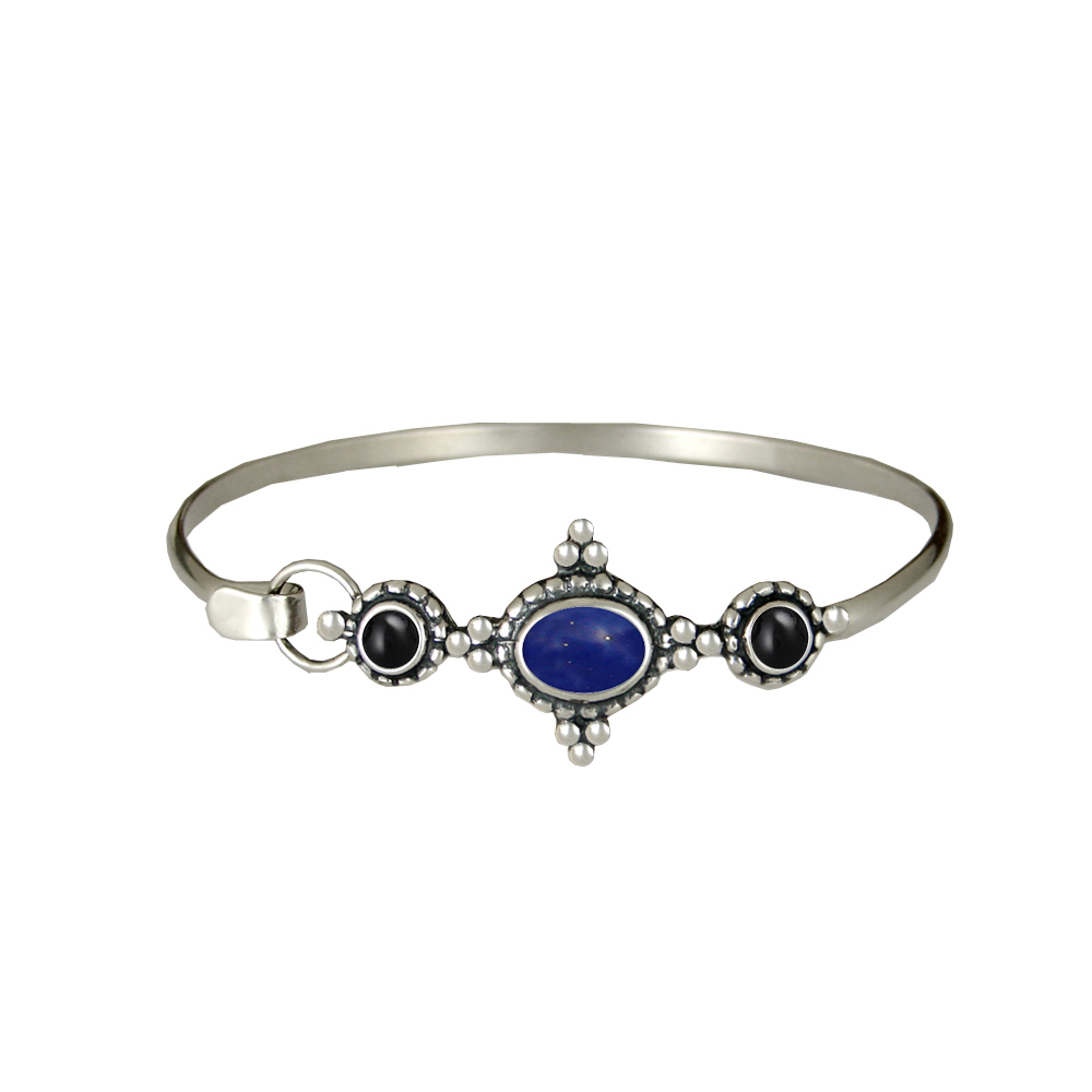 Sterling Silver Gemstone Strap Latch Spring Hook Bangle Bracelet Lapis Lazuli And Black Onyx